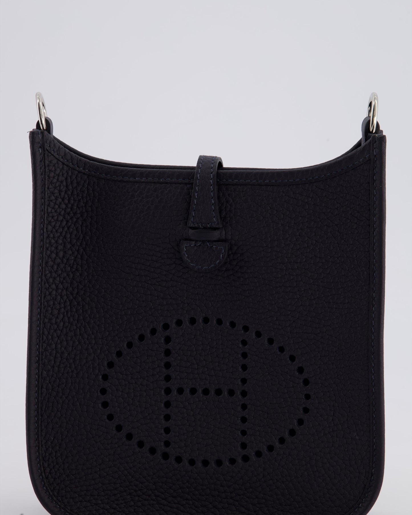 Hermès Mini Evelyne 16 Bag in Caban Clemence Leather with Palladium Hardware & Blue Zanzibar/Caban Wool Strap