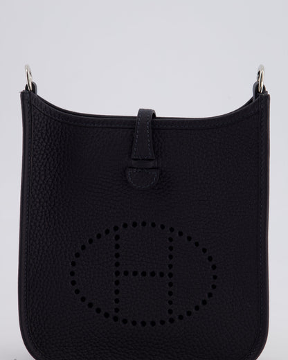 Hermès Mini Evelyne 16 Bag in Caban Clemence Leather with Palladium Hardware & Blue Zanzibar/Caban Wool Strap