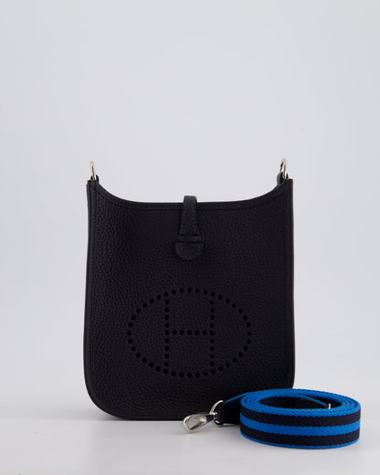 Hermès Mini Evelyne 16 Bag in Caban Clemence Leather with Palladium Hardware & Blue Zanzibar/Caban Wool Strap