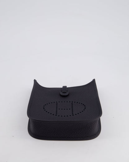 Hermès Mini Evelyne 16 Bag in Caban Clemence Leather with Palladium Hardware & Blue Zanzibar/Caban Wool Strap