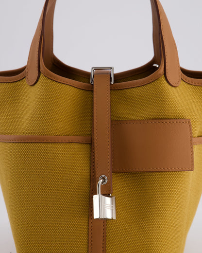 Hermes Picotin 18cm Pocket Cargo in Desert Toile Goeland Canvas and Gold Swift Leather with Palladium Hardware