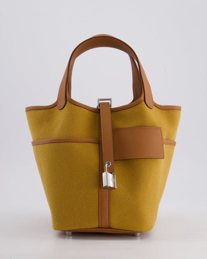 Hermes Picotin 18cm Pocket Cargo in Desert Toile Goeland Canvas and Gold Swift Leather with Palladium Hardware