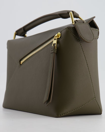 Loewe Small Puzzle Edge Bag in Dark Khaki Smooth Calfskin Leather with Gold Hardware RRP £2,700