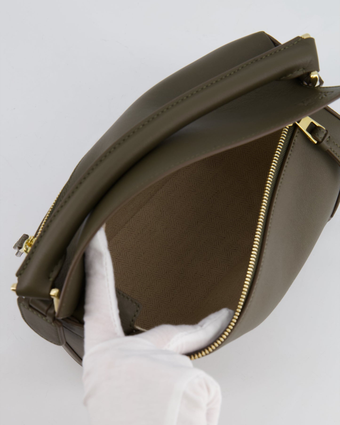 Loewe Small Puzzle Edge Bag in Dark Khaki Smooth Calfskin Leather with Gold Hardware RRP £2,700
