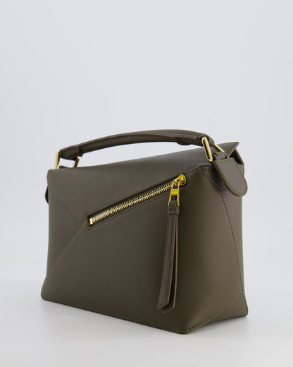 Loewe Small Puzzle Edge Bag in Dark Khaki Smooth Calfskin Leather with Gold Hardware RRP £2,700