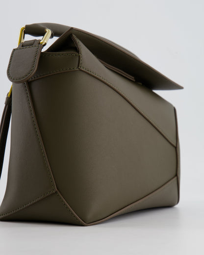 Loewe Small Puzzle Edge Bag in Dark Khaki Smooth Calfskin Leather with Gold Hardware RRP £2,700