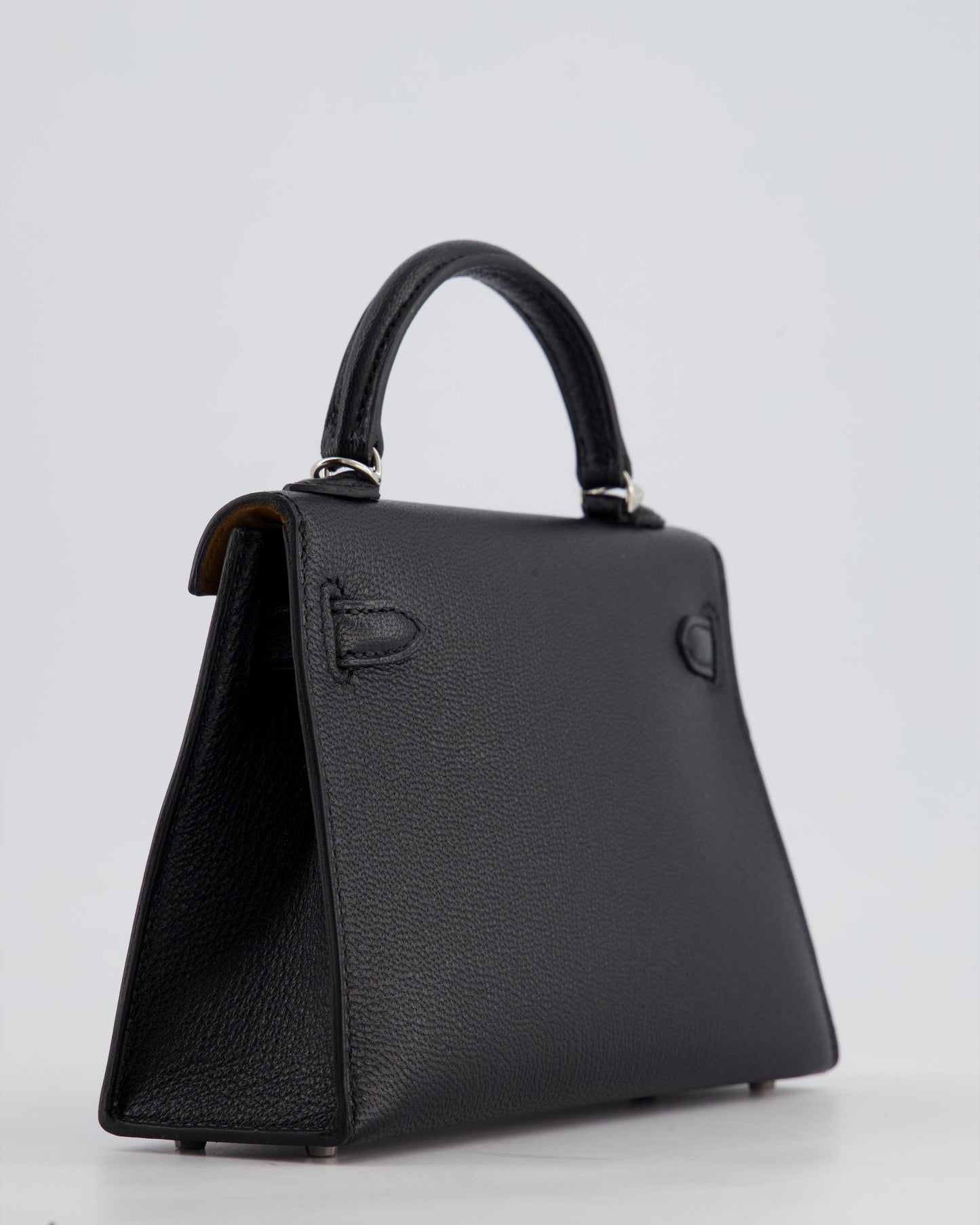 *RARE LEATHER* Hermès Mini Kelly II 20cm Verso Bag In Noir Chevre Mysore Leather, Alezan Interior with Palladium Hardware