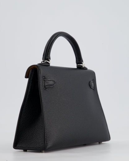 *RARE LEATHER* Hermès Mini Kelly II 20cm Verso Bag In Noir Chevre Mysore Leather, Alezan Interior with Palladium Hardware