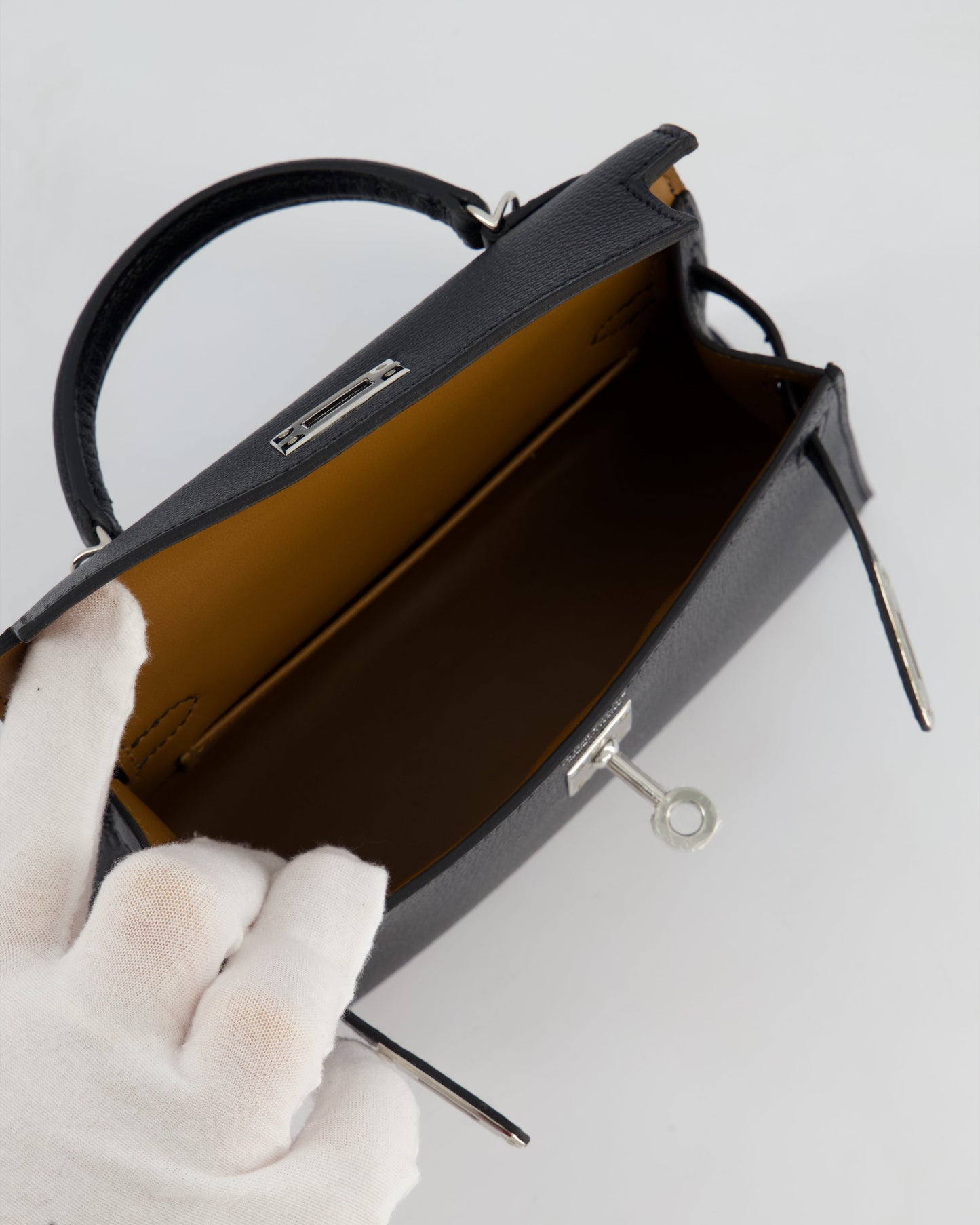 *RARE LEATHER* Hermès Mini Kelly II 20cm Verso Bag In Noir Chevre Mysore Leather, Alezan Interior with Palladium Hardware