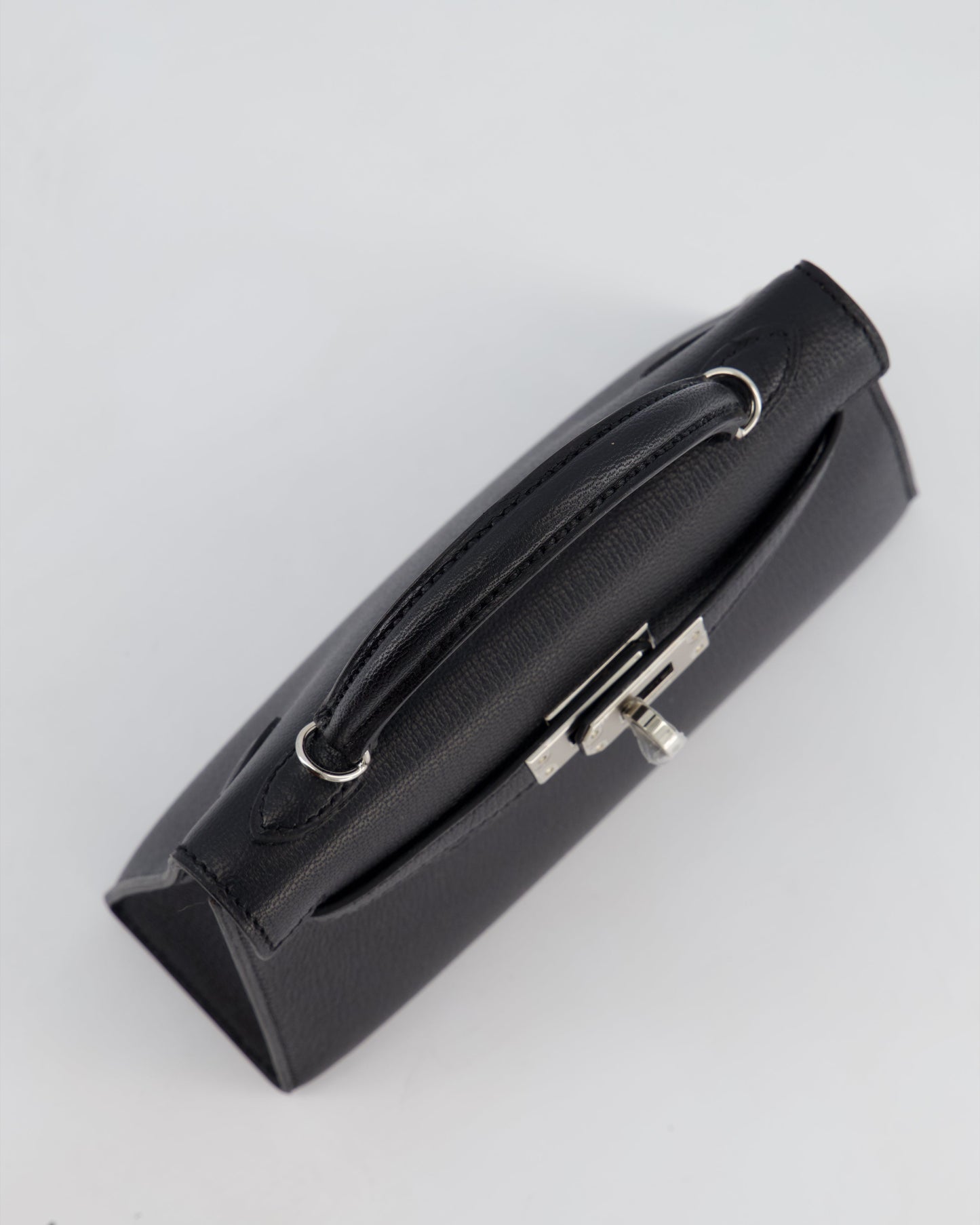 *RARE LEATHER* Hermès Mini Kelly II 20cm Verso Bag In Noir Chevre Mysore Leather, Alezan Interior with Palladium Hardware