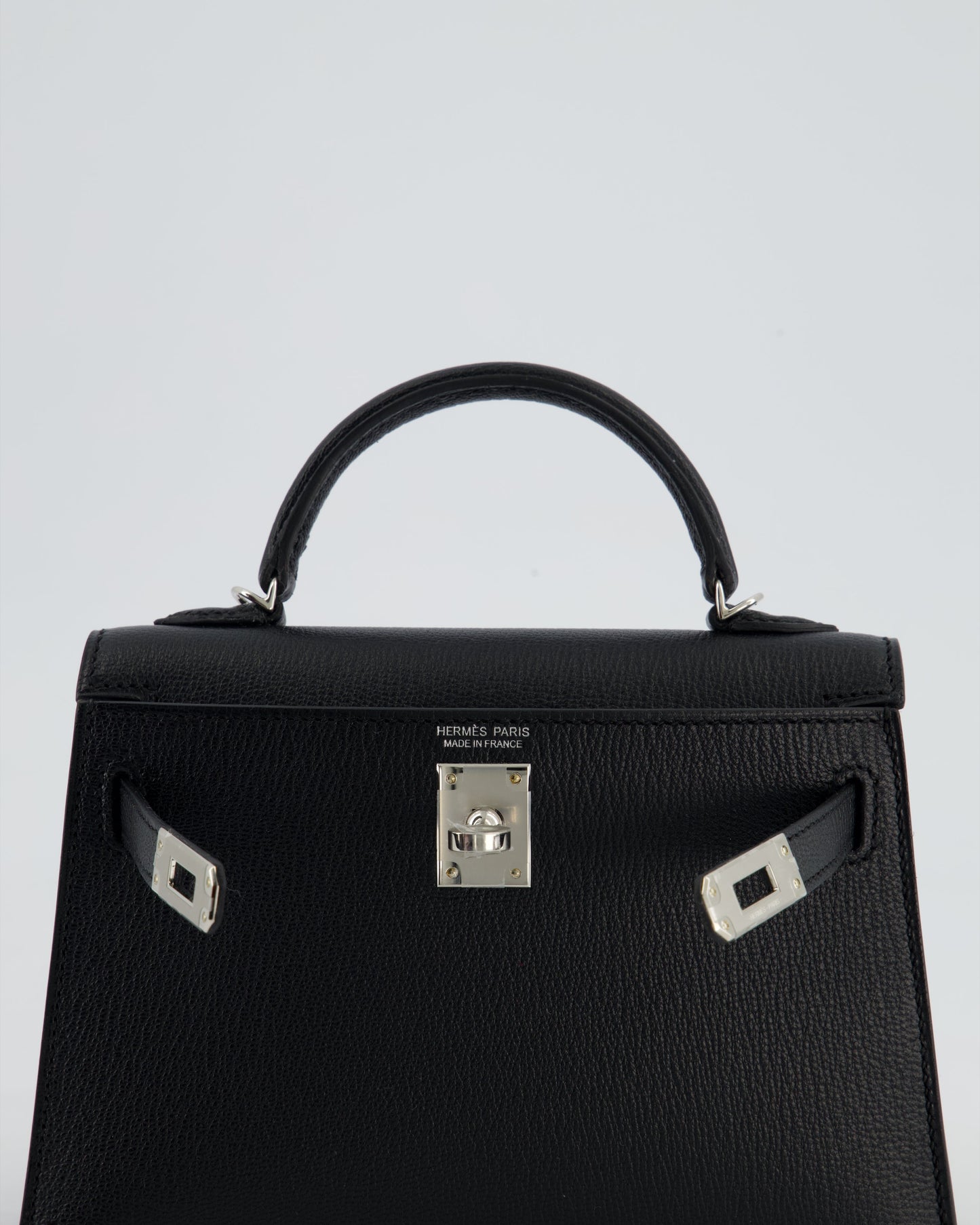*RARE LEATHER* Hermès Mini Kelly II 20cm Verso Bag In Noir Chevre Mysore Leather, Alezan Interior with Palladium Hardware