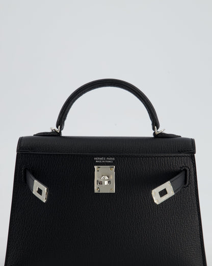 *RARE LEATHER* Hermès Mini Kelly II 20cm Verso Bag In Noir Chevre Mysore Leather, Alezan Interior with Palladium Hardware