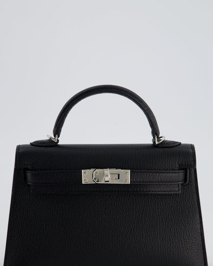 *RARE LEATHER* Hermès Mini Kelly II 20cm Verso Bag In Noir Chevre Mysore Leather, Alezan Interior with Palladium Hardware