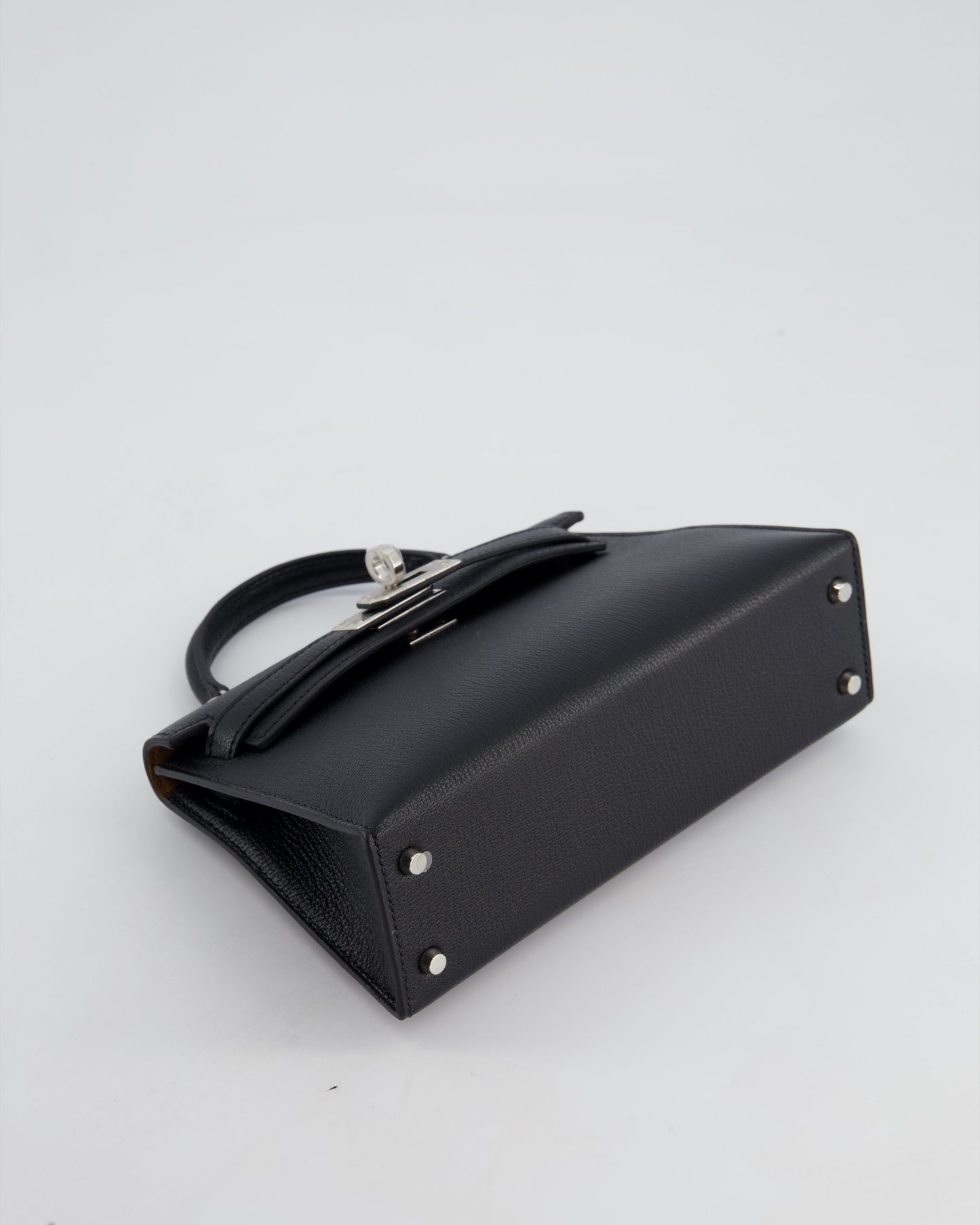 *RARE LEATHER* Hermès Mini Kelly II 20cm Verso Bag In Noir Chevre Mysore Leather, Alezan Interior with Palladium Hardware