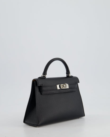 *RARE LEATHER* Hermès Mini Kelly II 20cm Verso Bag In Noir Chevre Mysore Leather, Alezan Interior with Palladium Hardware