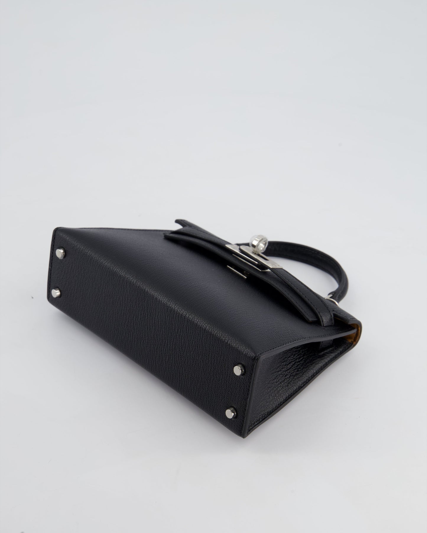 *RARE LEATHER* Hermès Mini Kelly II 20cm Verso Bag In Noir Chevre Mysore Leather, Alezan Interior with Palladium Hardware