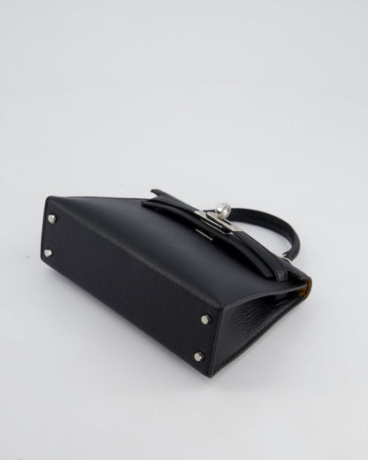 *RARE LEATHER* Hermès Mini Kelly II 20cm Verso Bag In Noir Chevre Mysore Leather, Alezan Interior with Palladium Hardware