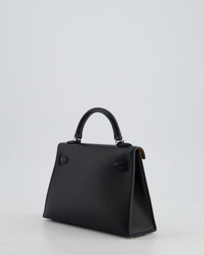 *RARE LEATHER* Hermès Mini Kelly II 20cm Verso Bag In Noir Chevre Mysore Leather, Alezan Interior with Palladium Hardware