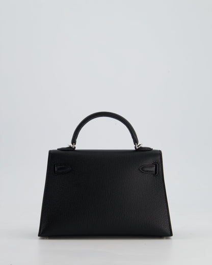 *RARE LEATHER* Hermès Mini Kelly II 20cm Verso Bag In Noir Chevre Mysore Leather, Alezan Interior with Palladium Hardware