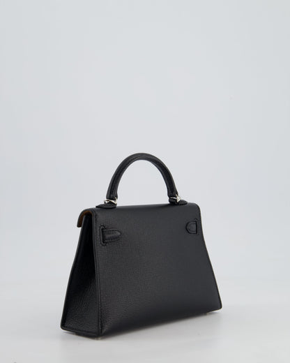 *RARE LEATHER* Hermès Mini Kelly II 20cm Verso Bag In Noir Chevre Mysore Leather, Alezan Interior with Palladium Hardware