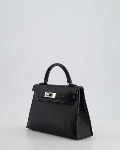 *RARE LEATHER* Hermès Mini Kelly II 20cm Verso Bag In Noir Chevre Mysore Leather, Alezan Interior with Palladium Hardware