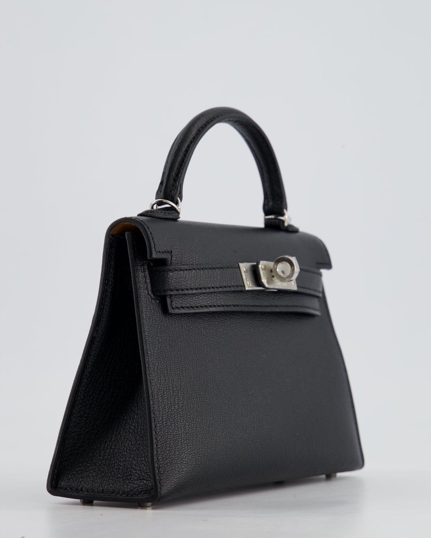 *RARE LEATHER* Hermès Mini Kelly II 20cm Verso Bag In Noir Chevre Mysore Leather, Alezan Interior with Palladium Hardware