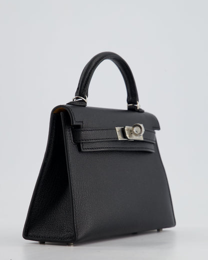 *RARE LEATHER* Hermès Mini Kelly II 20cm Verso Bag In Noir Chevre Mysore Leather, Alezan Interior with Palladium Hardware