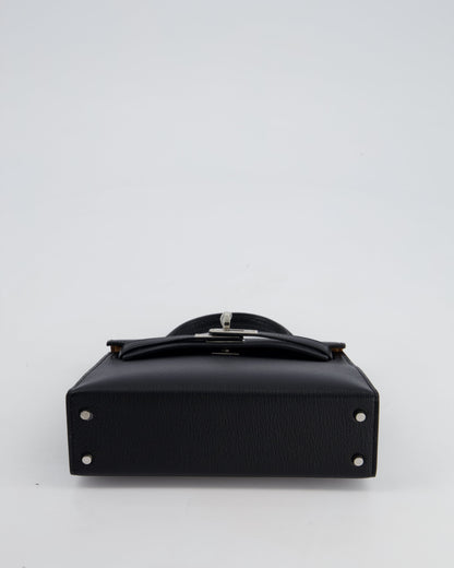 *RARE LEATHER* Hermès Mini Kelly II 20cm Verso Bag In Noir Chevre Mysore Leather, Alezan Interior with Palladium Hardware