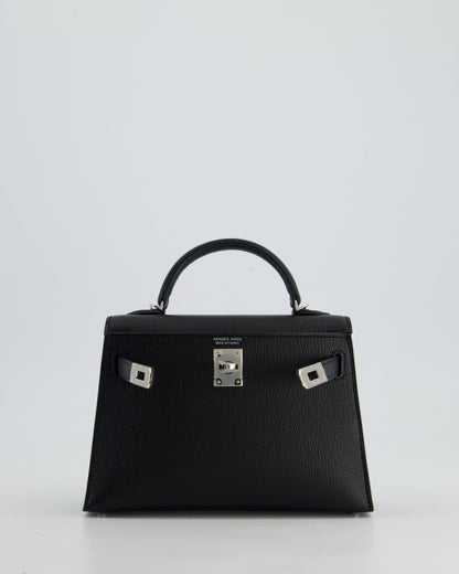 *RARE LEATHER* Hermès Mini Kelly II 20cm Verso Bag In Noir Chevre Mysore Leather, Alezan Interior with Palladium Hardware