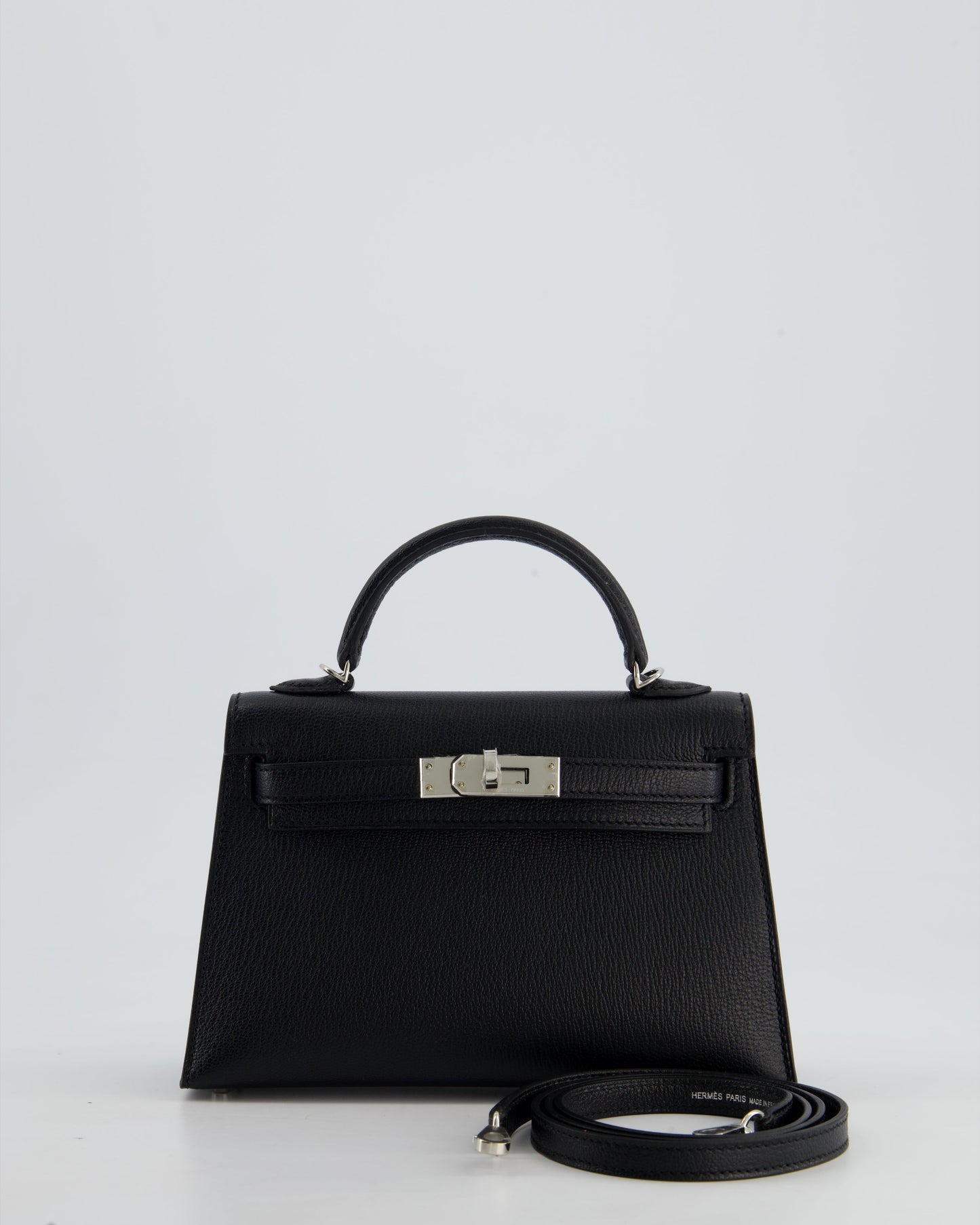 *RARE LEATHER* Hermès Mini Kelly II 20cm Verso Bag In Noir Chevre Mysore Leather, Alezan Interior with Palladium Hardware
