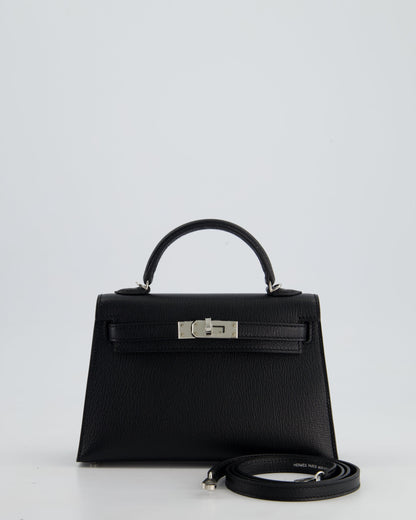 *RARE LEATHER* Hermès Mini Kelly II 20cm Verso Bag In Noir Chevre Mysore Leather, Alezan Interior with Palladium Hardware