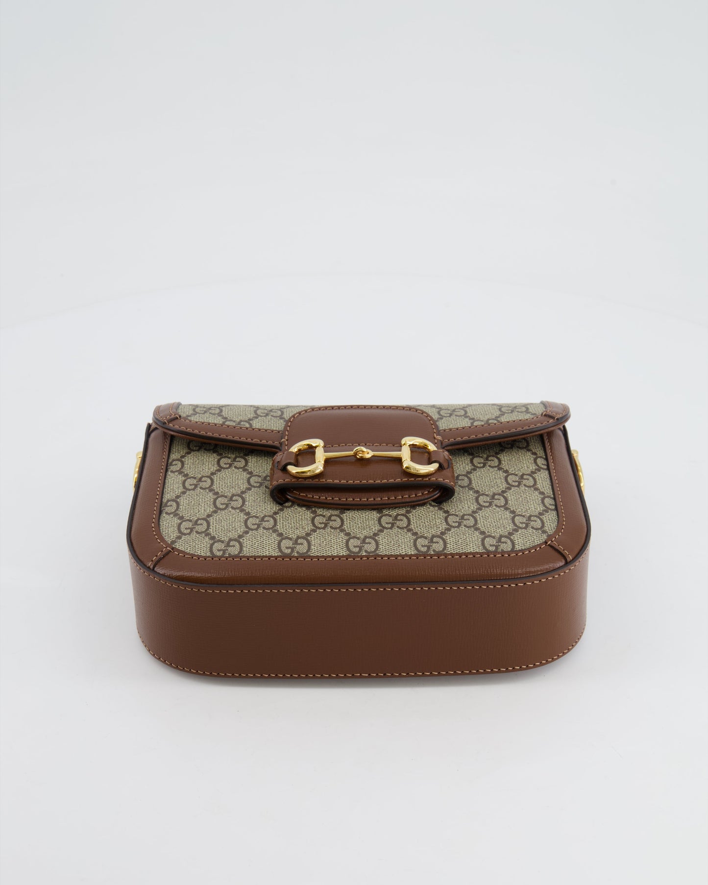 Gucci Horsebit 1955 Small Shoulder Bag in Beige/Dark Brown GG Supreme Monogram Canvas & Brown Leather Trim with Gold Hardware RRP £2,400