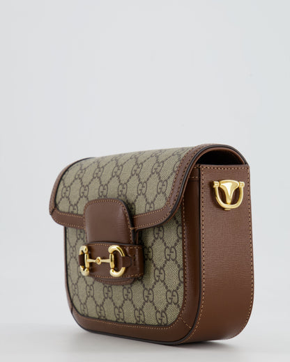 Gucci Horsebit 1955 Small Shoulder Bag in Beige/Dark Brown GG Supreme Monogram Canvas & Brown Leather Trim with Gold Hardware RRP £2,400