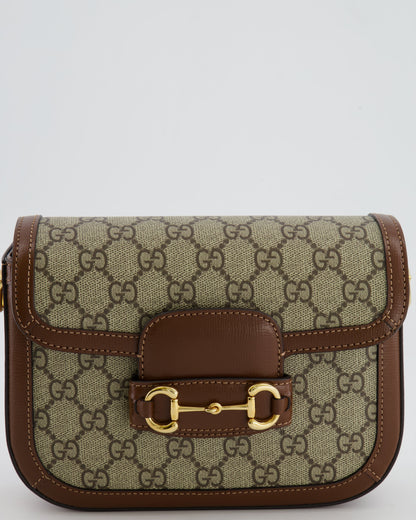 Gucci Horsebit 1955 Small Shoulder Bag in Beige/Dark Brown GG Supreme Monogram Canvas & Brown Leather Trim with Gold Hardware RRP £2,400