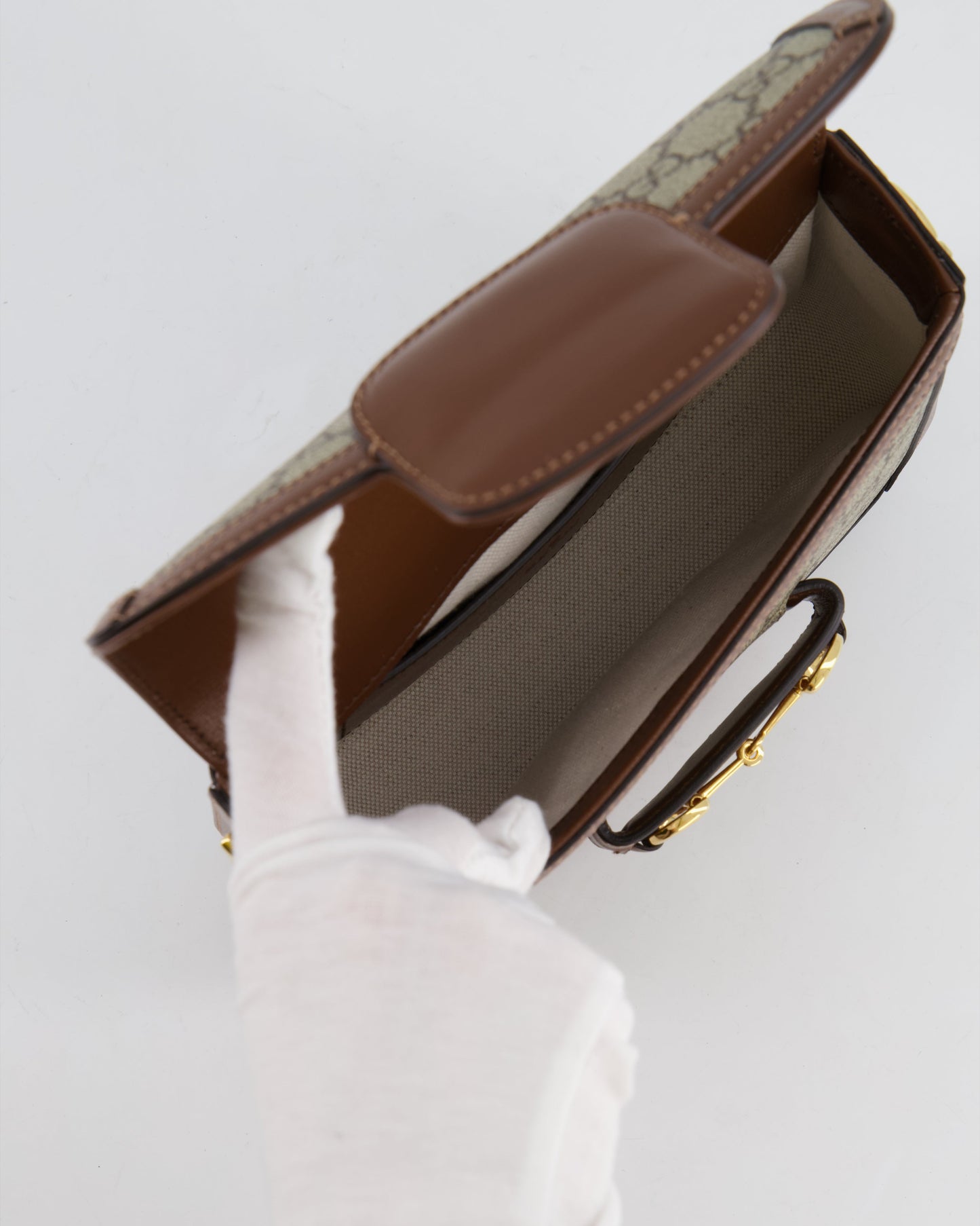 Gucci Horsebit 1955 Small Shoulder Bag in Beige/Dark Brown GG Supreme Monogram Canvas & Brown Leather Trim with Gold Hardware RRP £2,400