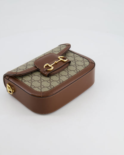 Gucci Horsebit 1955 Small Shoulder Bag in Beige/Dark Brown GG Supreme Monogram Canvas & Brown Leather Trim with Gold Hardware RRP £2,400