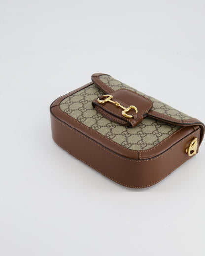 Gucci Horsebit 1955 Small Shoulder Bag in Beige/Dark Brown GG Supreme Monogram Canvas & Brown Leather Trim with Gold Hardware RRP £2,400