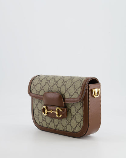 Gucci Horsebit 1955 Small Shoulder Bag in Beige/Dark Brown GG Supreme Monogram Canvas & Brown Leather Trim with Gold Hardware RRP £2,400