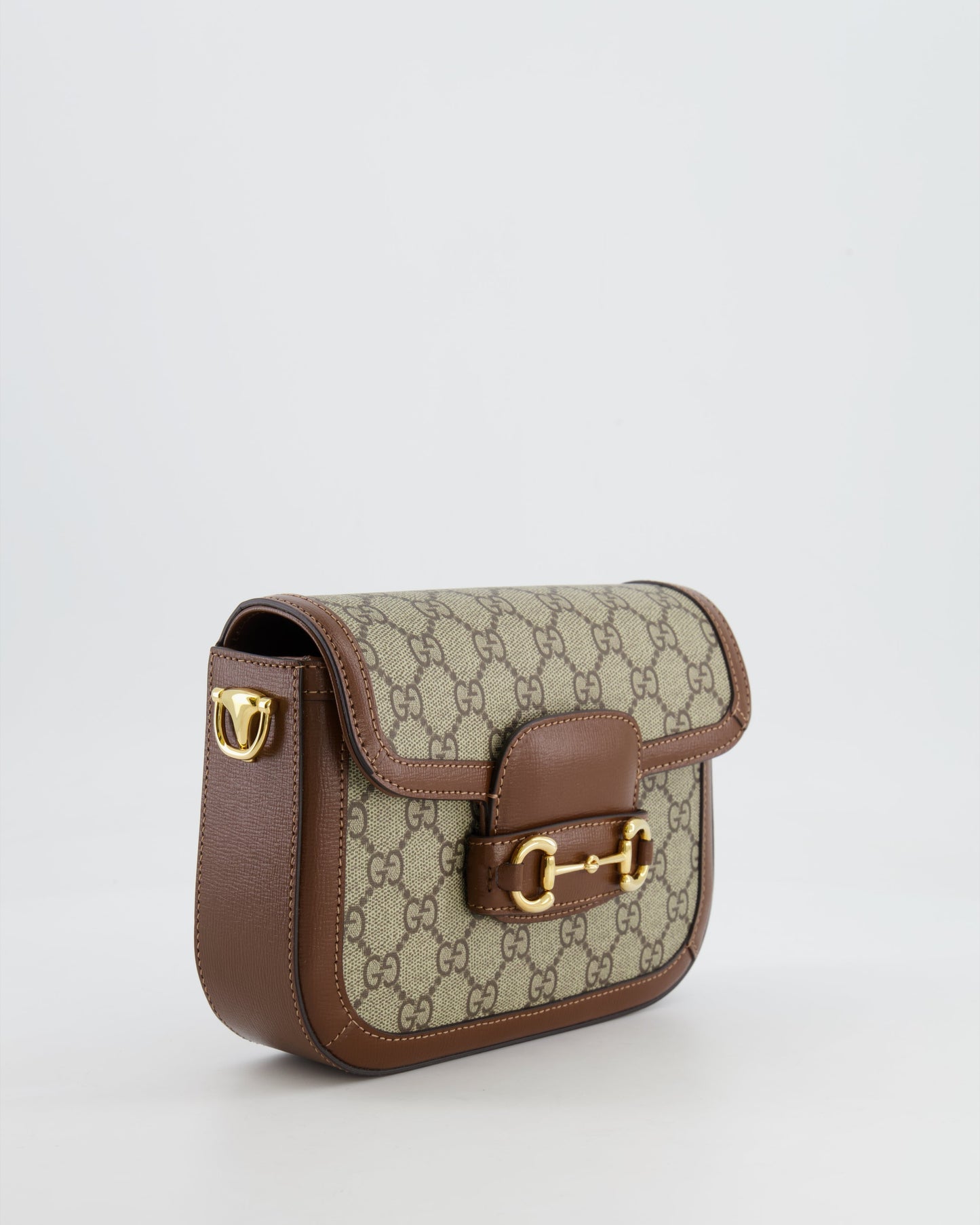 Gucci Horsebit 1955 Small Shoulder Bag in Beige/Dark Brown GG Supreme Monogram Canvas & Brown Leather Trim with Gold Hardware RRP £2,400