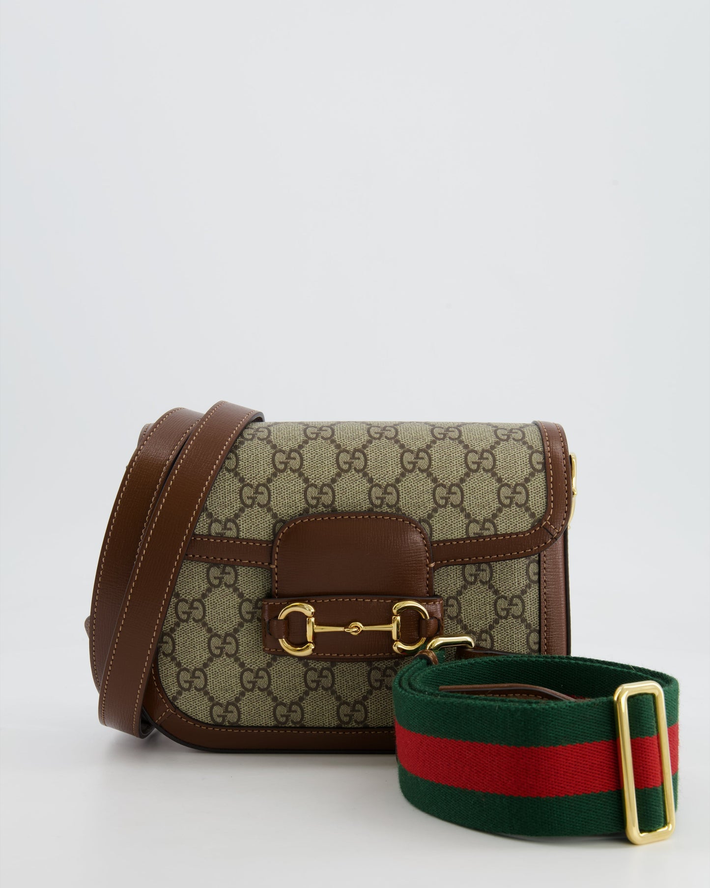 Gucci Horsebit 1955 Small Shoulder Bag in Beige/Dark Brown GG Supreme Monogram Canvas & Brown Leather Trim with Gold Hardware RRP £2,400