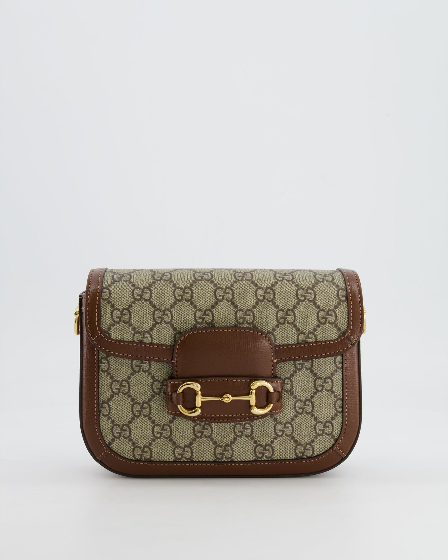 Gucci Horsebit 1955 Small Shoulder Bag in Beige/Dark Brown GG Supreme Monogram Canvas & Brown Leather Trim with Gold Hardware RRP £2,400