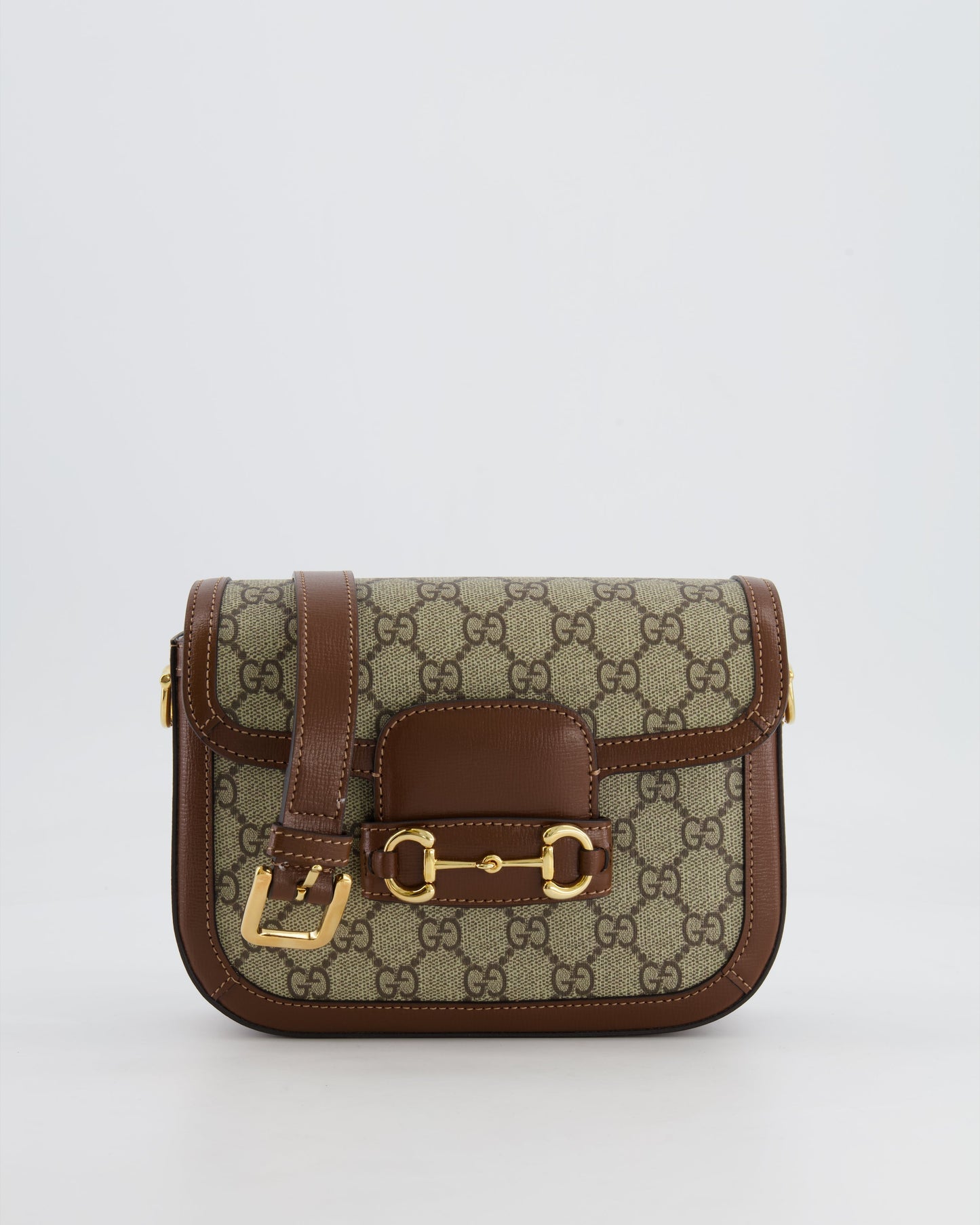 Gucci Horsebit 1955 Small Shoulder Bag in Beige/Dark Brown GG Supreme Monogram Canvas & Brown Leather Trim with Gold Hardware RRP £2,400