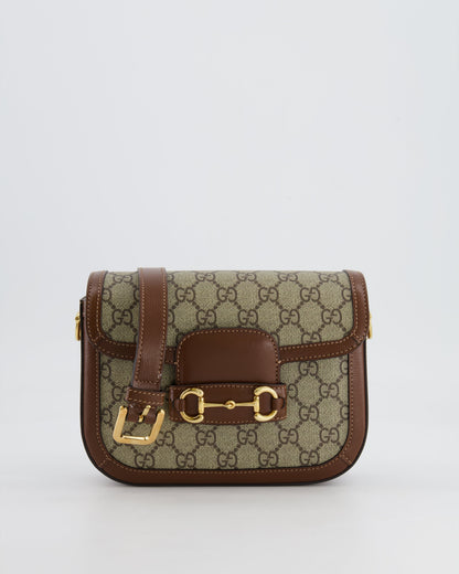 Gucci Horsebit 1955 Small Shoulder Bag in Beige/Dark Brown GG Supreme Monogram Canvas & Brown Leather Trim with Gold Hardware RRP £2,400