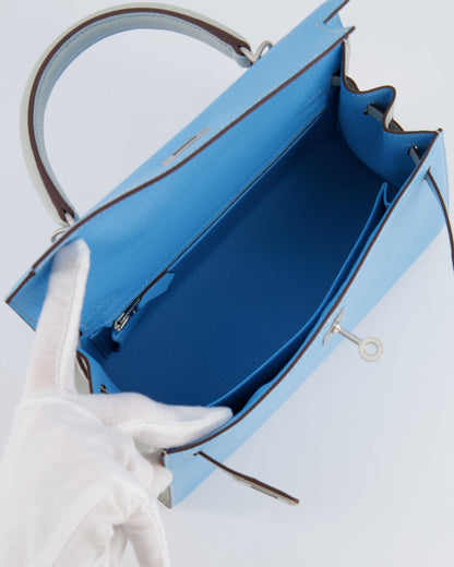 *VERY RARE* Hermès Kelly Sellier HSS 25cm Bag in Bleu Celeste and Gris Perle Chèvre Leather with Contrast Stitching and Brushed Palladium Hardware