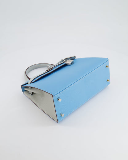 *VERY RARE* Hermès Kelly Sellier HSS 25cm Bag in Bleu Celeste and Gris Perle Chèvre Leather with Contrast Stitching and Brushed Palladium Hardware