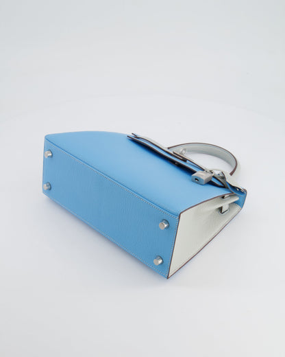 *VERY RARE* Hermès Kelly Sellier HSS 25cm Bag in Bleu Celeste and Gris Perle Chèvre Leather with Contrast Stitching and Brushed Palladium Hardware
