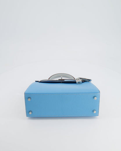 *VERY RARE* Hermès Kelly Sellier HSS 25cm Bag in Bleu Celeste and Gris Perle Chèvre Leather with Contrast Stitching and Brushed Palladium Hardware