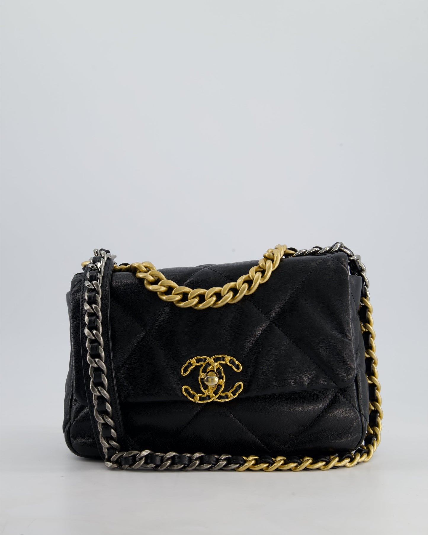 Chanel 19 Small Flap Bag in Black Goatskin Leather with Tricolour Hardware