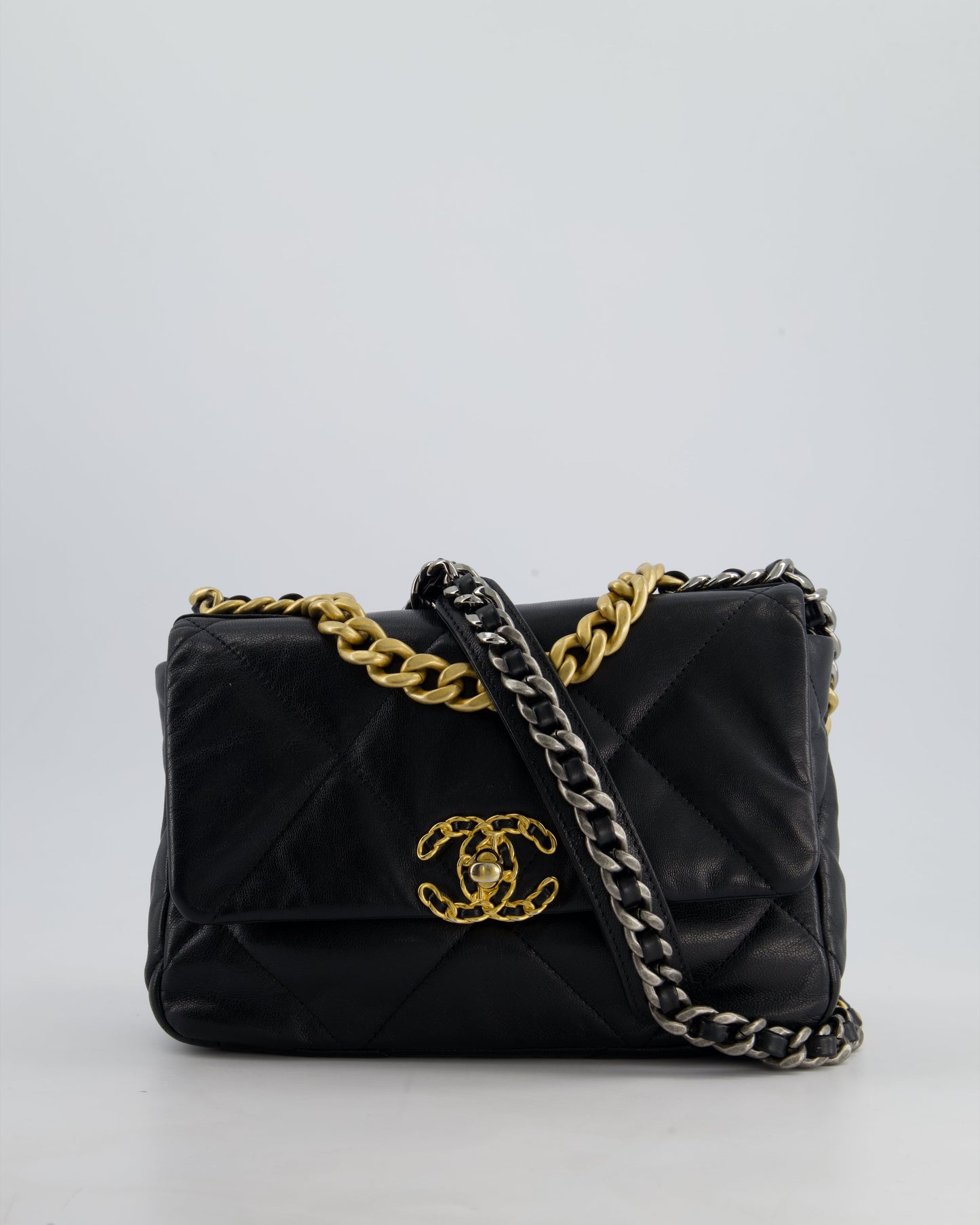Chanel 19 Small Flap Bag in Black Goatskin Leather with Tricolour Hardware