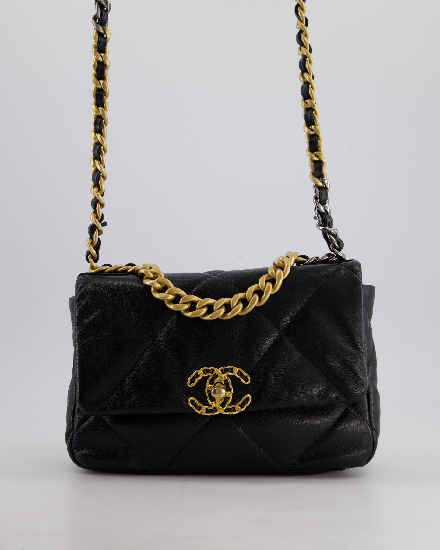 Chanel 19 Small Flap Bag in Black Goatskin Leather with Tricolour Hardware
